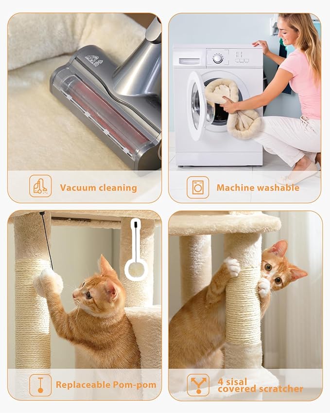 PETEPELA 45.7" Cat Tree for Indoor Cats, 5-Level Cat Tower for Large Cats with Metal Frame Large Hammock (17.3"x15.3"), Cat Condo with (18.5"x13") Big Top Perch & 4 Sisal Covered Scratching Post Beige