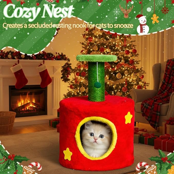 Christmas Themed 30in Cat Scratching Post with Cozy Hideaway Cat House - Small Cat Tree Tower for Indoor Kitten/Cat, Sisal Post, Interactive Hanging Balls, Festive Red & Green Home Decor