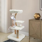 44.1-Inch Wooden Cat Tree, Cat Tree for Large Cats Tree for Indoor Cats Climbing Frame for Cat with Scratching Post, Wide Base, Dangling Ball, White