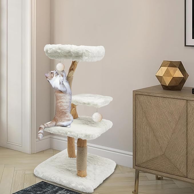 44.1-Inch Wooden Cat Tree, Cat Tree for Large Cats Tree for Indoor Cats Climbing Frame for Cat with Scratching Post, Wide Base, Dangling Ball, White