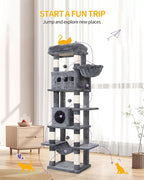 Cat Tree, 66.9" Large Cat Tower for Indoor Cats, Multi-Level Cat House with Condo, 8 Scratching Posts, Hammock, 4 Pom Poms, Dark Grey MS17018SG
