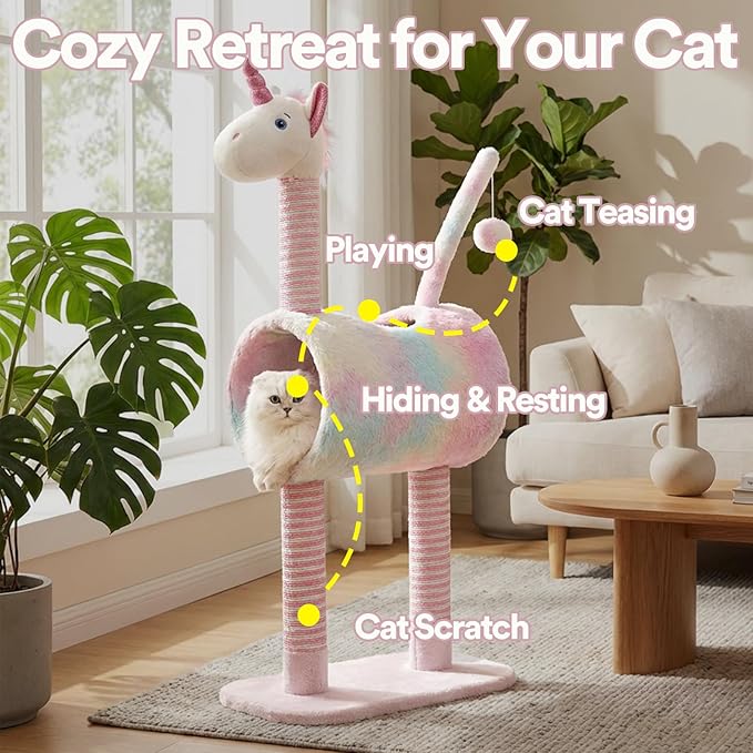 ZEZE Tunnel Cat Tree Condo for Indoor Cats, Animal-Themed Cat Tower with Cozy Tunnel Hideout, 3 Sisal Scratching Posts, Hanging Ball Toy, Thick Base (Unicorn)