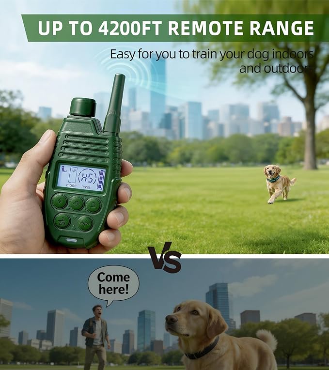 Shock Collar for Dogs, 4200FT Dog Training Collar with Remote for 15-120lbs Small Medium Large Dog, IP68 Waterproof Rechargeable E Collar with 3 Training Modes: Beep, Vibration, Safe Shock（Green）