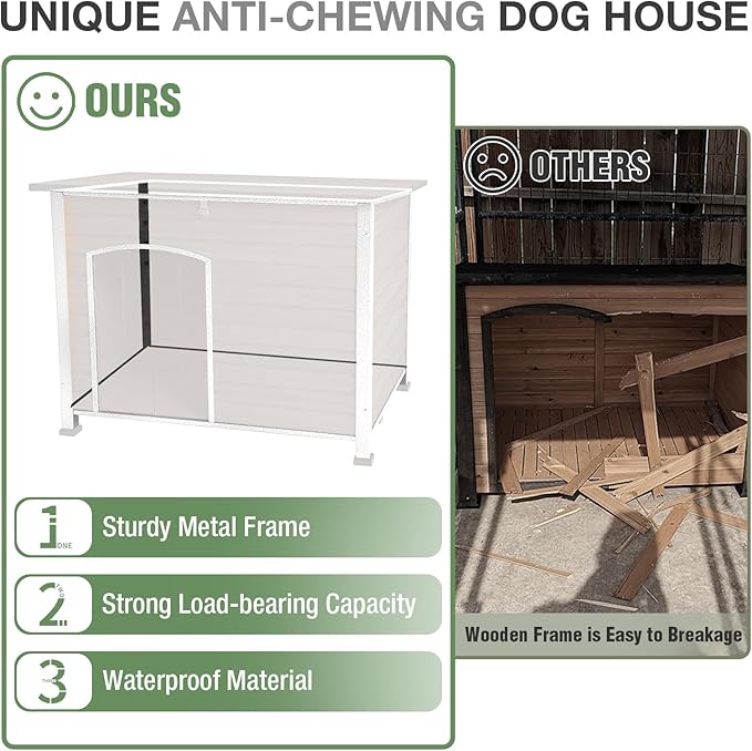 43.3’’ Large Dog House Outdoor Weatherproof Dog Kennel with Upgraded Thickened Metal Frame, Dog Shelter with PVC Curtain, Openable Roof and Removable Floor, Easy to Clean (Light Brown)
