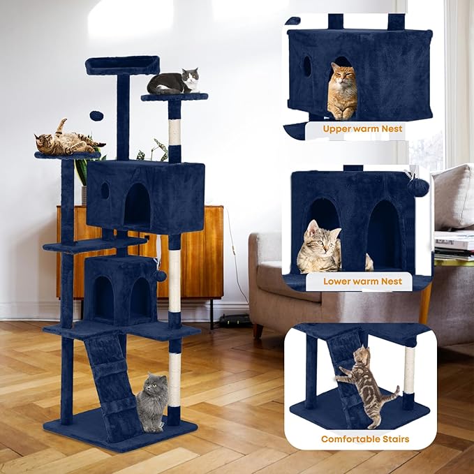 70in Cat Tree for Indoor Cats, Cat Tower with Cat Scratching Post, Multi-Level Cat Furniture, Cat Tower with Funny Toys for Kittens-Navy Blue