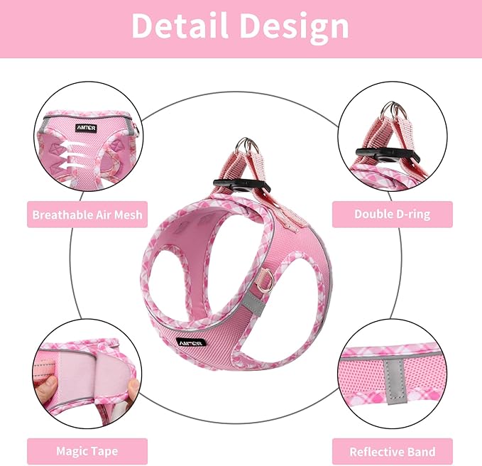 AMTOR Small Dog Harness with Leash Set, No Escape Easy Walk Puppy Harnesses for Training Walking, Step-in Reflective Soft Dogs Vest for XS S Medium Extra-Small Large Sized Dog(L Size,Pink/White)