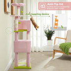 62" Flower Cat Tree for Indoor Cats, Multi-Level Cat Tower with 2 Spacious Condos, Dual Top Perches, Scratching Pad, 4 Scratching Posts, 2 Pompoms, Pink