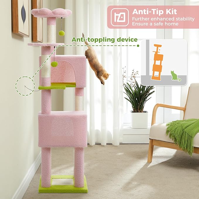 PEQULTI 62" Cat Tree for Indoor Cats, Multi-Level Cat Tower with Cozy Cat Condo Clearance Prime, Pink