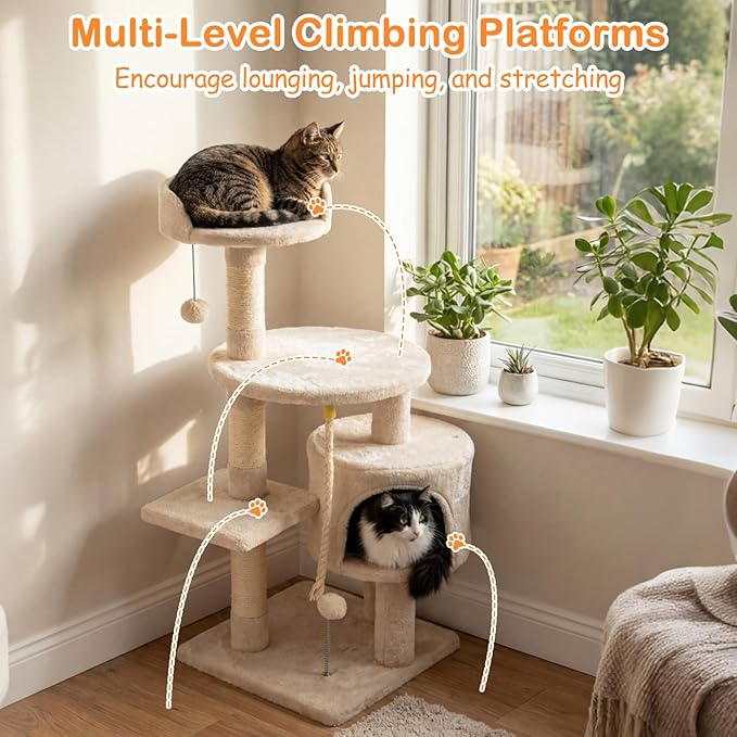 Tangkula 36 Inch Cat Tree Tower, Multi-Level Cat Tower with Condo, Top Perch, Sisal Scratching Posts & Hanging Rope, Spring & Hanging Balls, Climbing Platforms for Indoor Cats and Kittens (Beige)