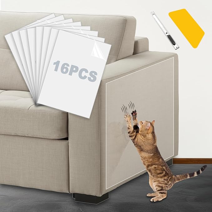 Cat Scratch Furniture Protector, Cat Scratching Mat, Trimmable Self-Adhesive Cats Claws Scratch Pads, DIY Carpet Mat Replacement for Cats Tree, Cats Wall Shelves (Transparent, 17x11.8in-16pcs)