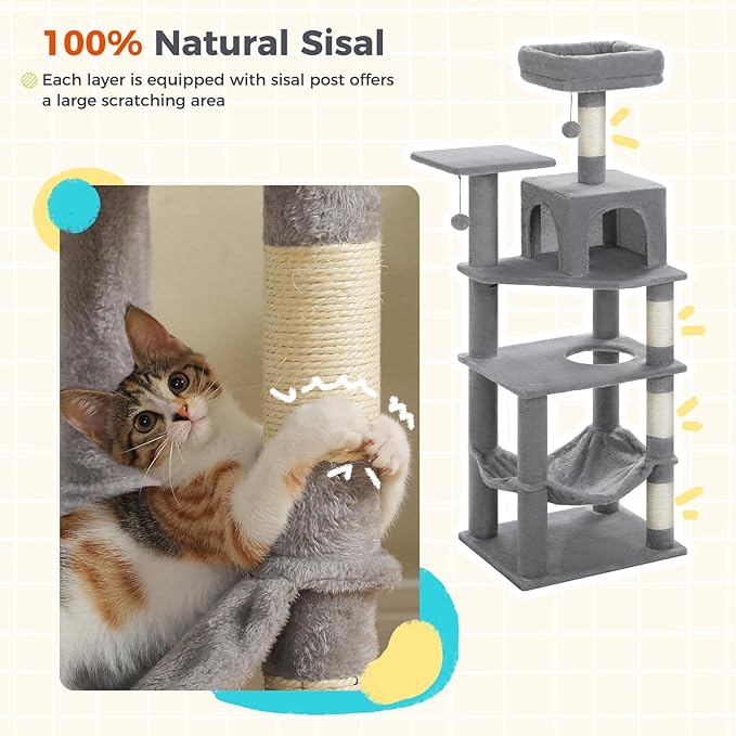 PEQULTI 56.3'' Cat Tree for Indoor Cats, Multi-Level Cat Tower with 2 Top Perch, Cat Condo, Hammock and Sisal-Covered Scratching Post, Grey