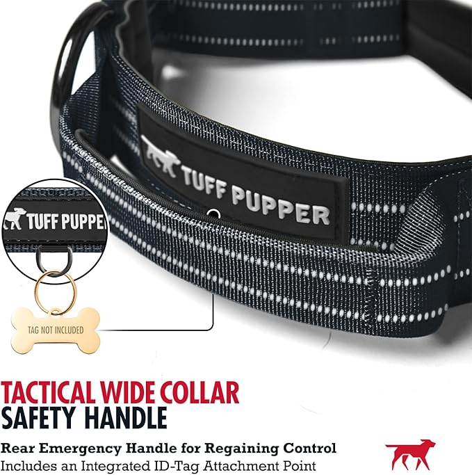 Tuff Pupper Tactical Dog Collar with Handle | Heavy Duty Adjustable Dog Collar | Military Nylon Collar for Large Dogs | Quick-Release Buckle | Soft Padded Comfort | Training Control (Black, Large)