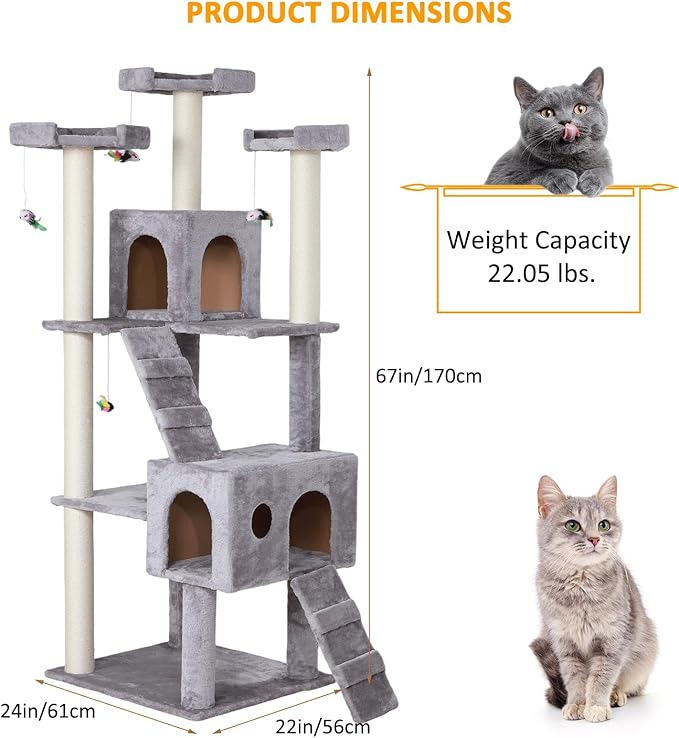 Extra Large Platform Cat Tree 69in Sturdy Cat Scratching Tree for Indoor Cats Large Adult Big Cat Perch Tower with 3 Padded Perches 5 Scratching Posts Cat Condo Hammock Gray