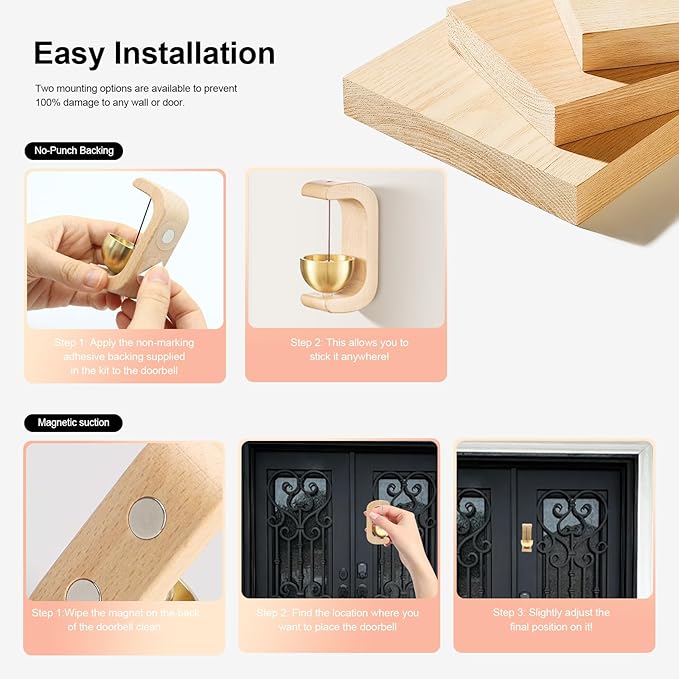 Magnetic Door Chime 2-Pack - Wooden Wind Chime Bells for Door Opening, Wireless Adhesive Entry Alert with Soft Chime for Home, Office, Shop, Pet Doors