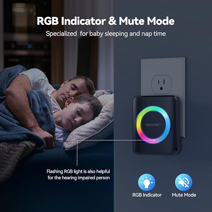TECKNET Wireless Doorbell with 2 Plug-in Receivers, IP65 Waterproof Doorbells for Home, 1300ft Operating Range, 60 Melodies & 5 Volume Levels of 0-120 dB, RGB Light for Hearing Impaired