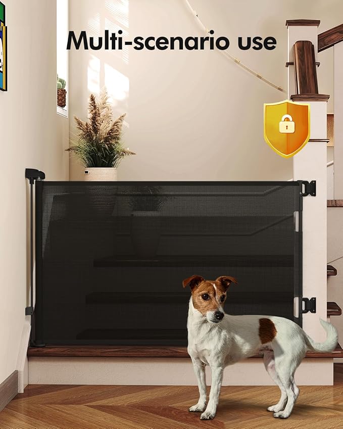 2PCS Retractable Baby Gates, Mesh Dog Gate for Doorways, 33.6" Tall, Expands to 55" Wide,Pet Safety Essential Fit for Baseboards, Wide Toddlers Gates for Hallways, Indoor & Outdoor,Black