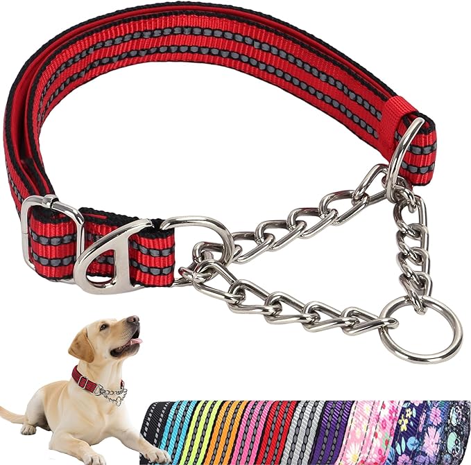Martingale Dog Collar with Reflective Padded Strap, Anti-Choke & No-Pull Design Dog Collars with Heavy-Duty Chain, Perfect for Medium Large Extra Large and XXL Dogs (Red XL)