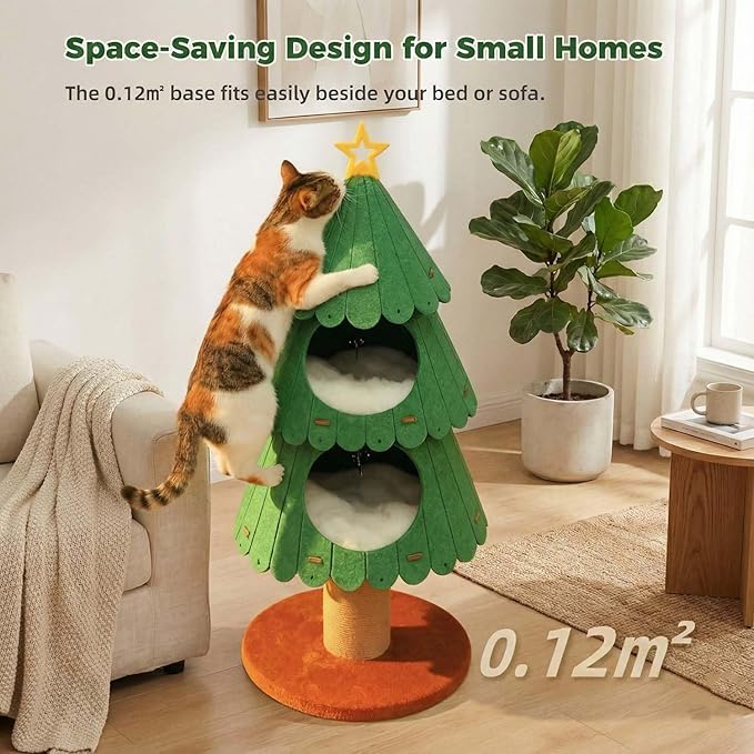 42.9 Inch Cat Tree for Indoor Cats, Cute Cat Tower with 2 Cozy Houses, Holiday Kitty Climbing Furniture for Kittens to Play and Sleep