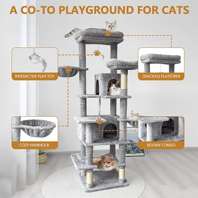 Anwick 68" Tall Cat Tree Tower with Scratching Posts, Cat House with Hammocks, Cat Condos for Indoor Cats, Removable Cushions, Multi-Level Cat Playground (Gray)