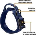 Tactical Military Collar - Adjustable Nylon, Heavy Duty Metal Buckle with Handle for Dog Training, with Patches (Blue, M)