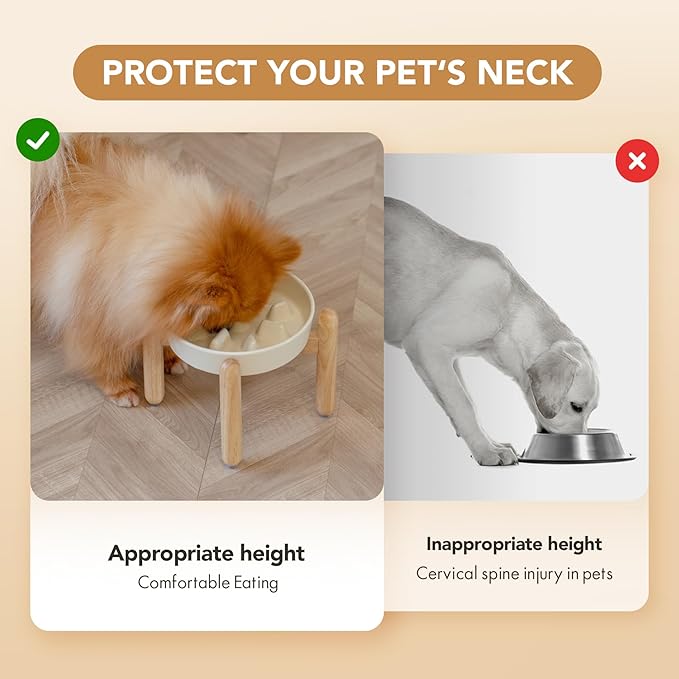 Ceramic 1.2 Cup Dog Raised Slow Feeder Set, Elevated Bowl with Wooden Stand for Medium and Small Dog, 7.3inch Slow Feeder Dish for Fast Easters (Light Yellow, Single Bowl+ Stand)