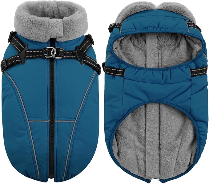 Queenmore Large Dog Coat,Dog Jacket for Extra Large Dogs with Harness Built in,Reflective Waterproof Dogs Jackets with Fleece Lining,Warm Snowsuit Pet Coats for Doberman,Labrador,Blue,XXL