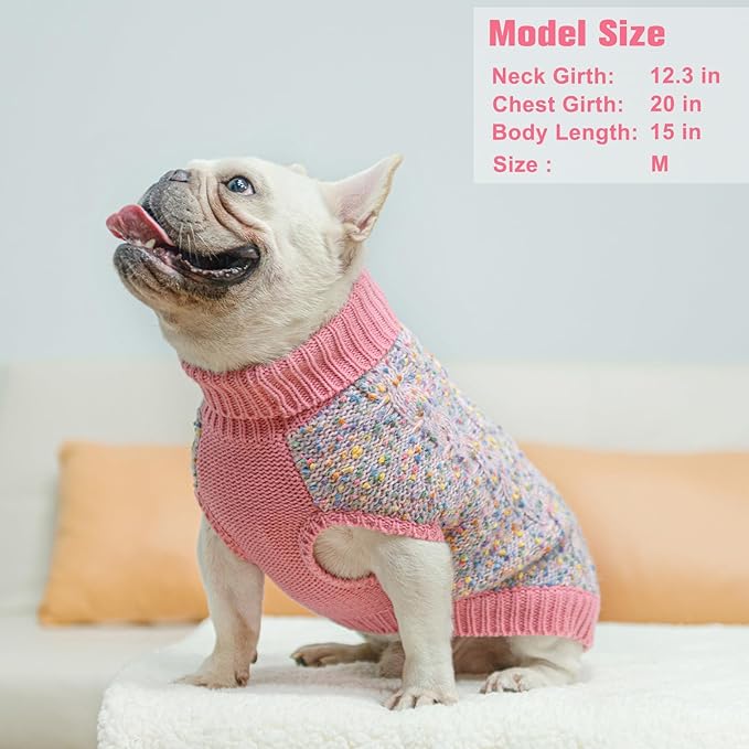 BEAUTYZOO Cable Knit Small Dog Sweater, Color Block with Fuzzy Thread Knitted Turtleneck Dog Knitwear with Dots in a Variety of Colors for Small Medium Dogs Fall Winter Dog Clothes, M Pink