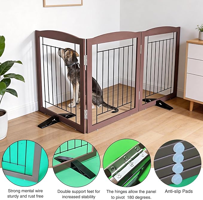 ZJSF Freestanding Dog Fence Indoor, Foldable Dog Gate for Doorways, Stairs or Hallways, Sturdy Wood Extra Wide Pet Gate with Support Feet for The House, Brown, 32 "Height-3 Panels