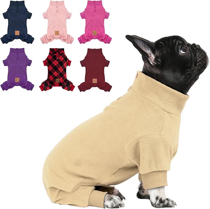 cyeollo Soft Small Dog Pajamas, Warm Fleece Dog Pjs for Small Dogs Turtleneck Doggy Sweater Dogs Winter Coat Cold Weather Doggie Outfit Indoor & Outdoor Pet Jammies, Beige L