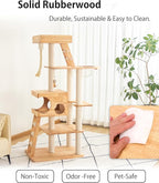 Wood Cat Tree for Large Cat, 62-Inch Tall Cat Tower with Scratching Post for Indoor Cats, Multi-Level Cat Condo with Hand-Woven Cat Bed and Acrylic Bowl Easy to Clean