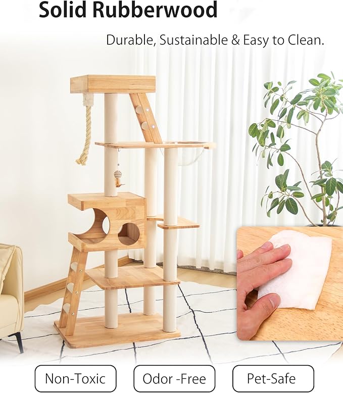 Wood Cat Tree for Large Cat, 62-Inch Tall Cat Tower with Scratching Post for Indoor Cats, Multi-Level Cat Condo with Hand-Woven Cat Bed and Acrylic Bowl Easy to Clean