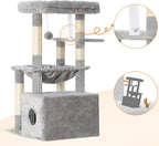 Heybly Cat Tree, Kitten Tower with Large Soft Cat Basket, Cat Condo with Spacious Cat Bed Cave with Hidden Space, Sisal-Covered Scratching Posts, Dangling Ball for Indoor Cats, Light Gray HCT008SW