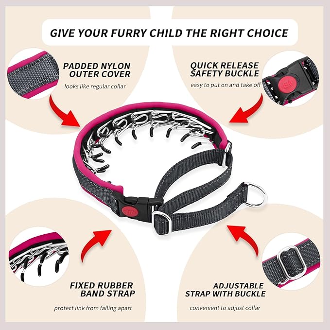Martingale No Pull Dog Collar for Large Medium Small Dogs, Heavy Duty Nylon Reflective Adjustable Anti Pull Slip Collar with Buckle for Training Walking L Black Hot Pink
