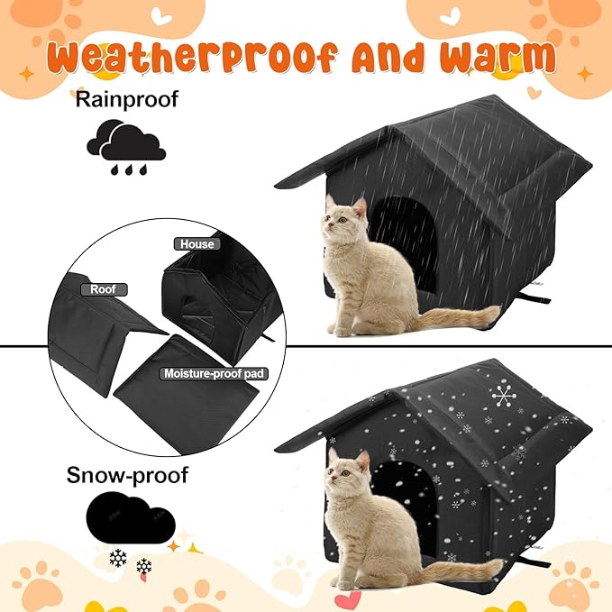 2Pcs Black Cat Houses for Outdoor Stray Cats Shelter Weatherproof Outdoor Cat House Indoor Foldable Warm Pet Cave for Feral Cat Dog Winter Wild Animal