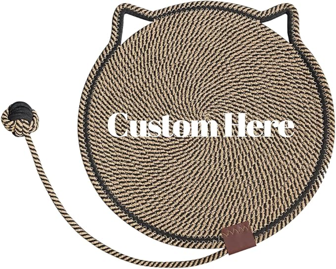 Personalized Cat Scratcher Mat, Customized with Name Text Natural Cotton Rope Round Horizontal Cat Scratching Pads with Ball Toy, Cat Furniture Protector for Wall, Couch, Carpets, Sofa (Chocalate)