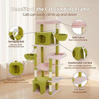69.7-inch (177cm) Multi-Level Cat Tree with 2 Perches, 2 Condos, 2 Hammocks, Basket & Toy for Indoor Cat Activities (Green + Pink)