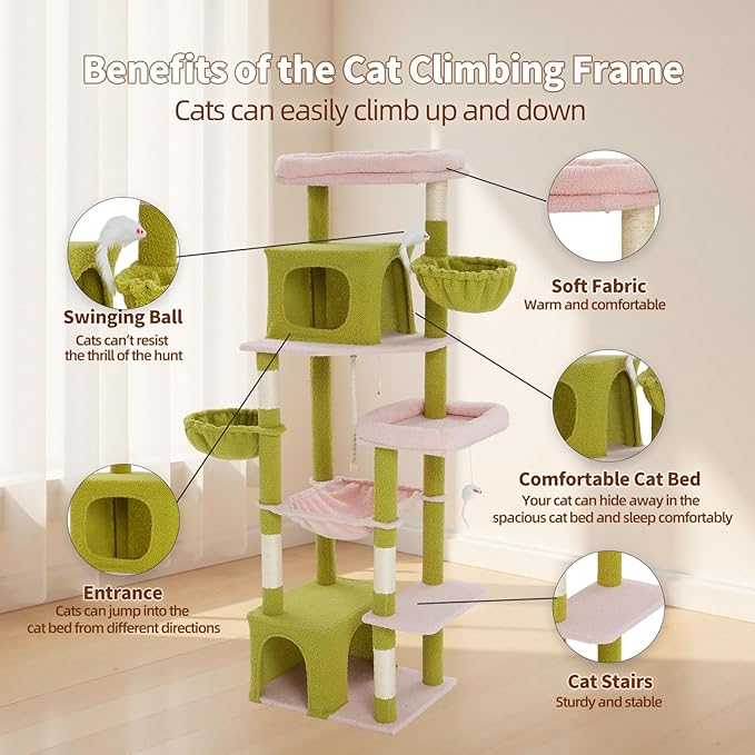 69.7-inch (177cm) Multi-Level Cat Tree with 2 Perches, 2 Condos, 2 Hammocks, Basket & Toy for Indoor Cat Activities (Green + Pink)