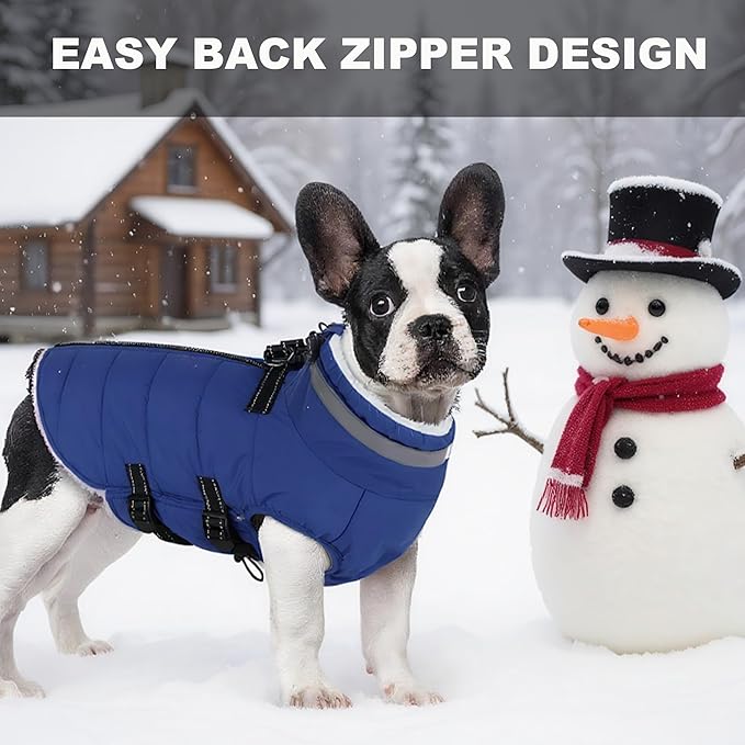 Mklhgty Large Dog Coat with Harness Built-in, Waterproof Reflective Fleece Lined - Warm Windproof Winter Jacket with Back Zipper, Cold Weather Snow Dog Coats - Blue - XL