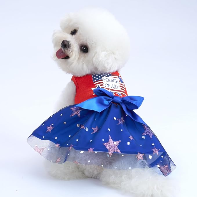 XPUDAC 4th of July Tulle Dog Dress Patriotic Clothes Doggie Outfit with Bow Independence Stars Skirt Pet Holiday Apparel for Small Dog Girl Cat, L