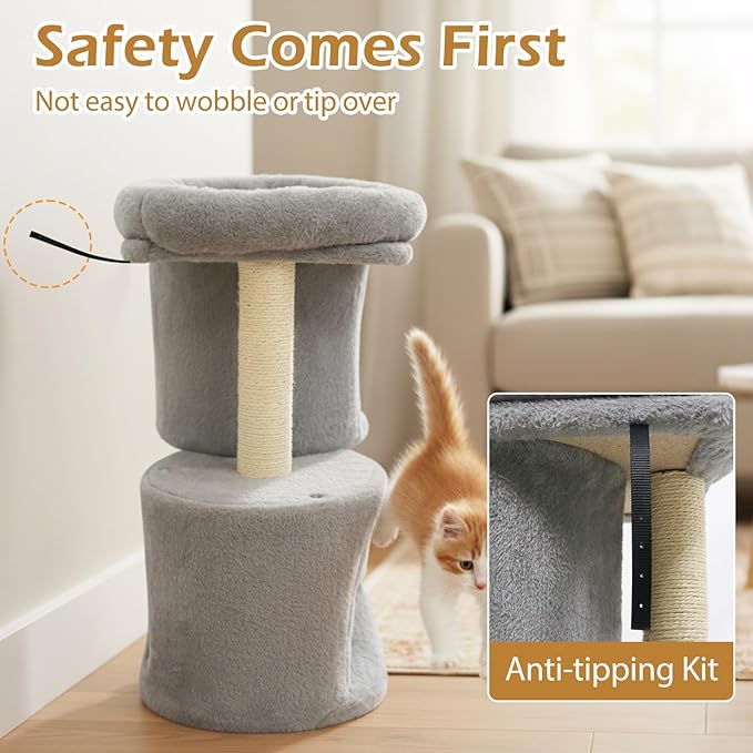 Tangkula Small Cat Tree for Indoor Cats, 26 Inch Cat Tower with Sisal Scratching Posts, Dual Cat Condos with Large Padded Push Perch, Modern Cat Climbing Furniture Activity Center (Light Grey)