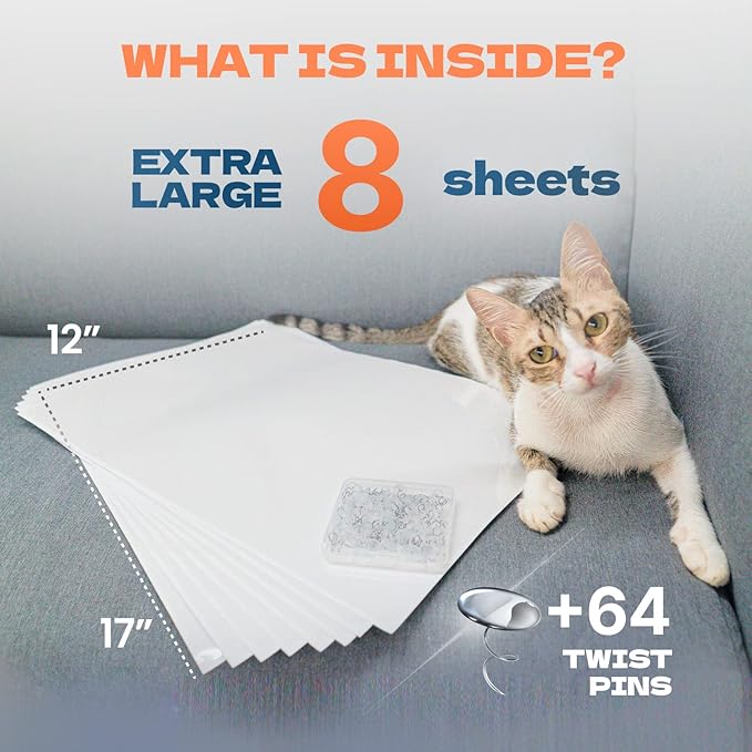 KatSupreme Cat Scratch Furniture Protector - Couch and Sofa Guards - 8 XL Sheets with 64 Pins (8 XL Sheets and 64 Pins)