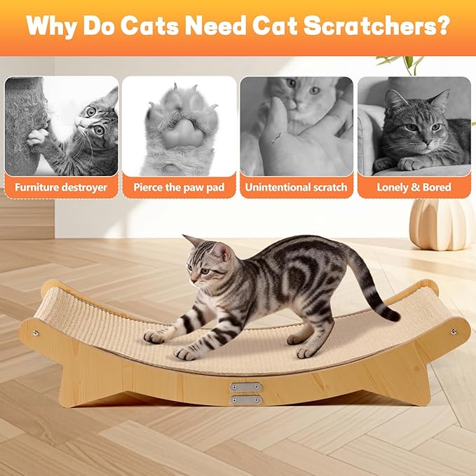 Cat Scratcher Bed, Sisal Cat Bed Hammock with Sisal Pad and Cloth Pad for Indoor Cats Wooden Cats Furniture for Scratching and Resting