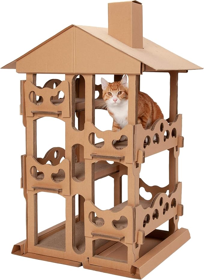 Furhaven Cardboard Cat House Tower Playground, Multi-Level Cat Tree Hideout Scratcher with Catnip