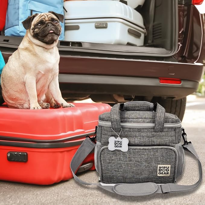 Mobile Dog Gear Week Away Dog Travel Bag (12"x6"x11", Heathered Gray) - Includes 2 Pet Food Storage Containers + 2 Collapsible Dog Water Bowls - Airline Approved Accessories, Great for Weekend Trips