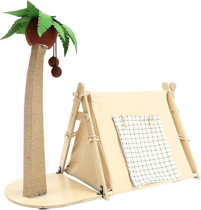 Cat Tree with Tent, 2-in-1 Cat Bed & Scratching Post, 29.5in Jute Coconut Tree with Hanging Toys, Large Cat Cave Bed 21.6x16.9in, Double-Sided Pad, Roll-up Curtain