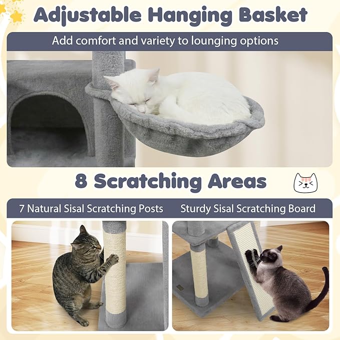Tangkula 65 Inch Tall Cat Tree, Multi-Level Cat Tower with Sisal Scratching Posts & Board, 2 Condos, 3 Plush Top Perches, Adjustable Basket, 3 Hanging Balls for Indoor Cats (Gray)