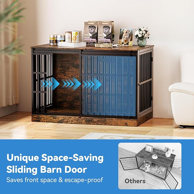 Petrova 47" Dog Crate Furniture with Name Tag, Heavy Duty Dog Kennel Indoor for Large/Medium Dogs, Wooden Dog Cage with Sliding Door, Decorate House as TV Stand, End Table, Rustic Brown