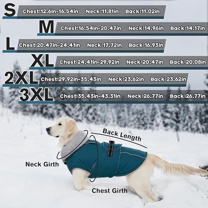 Lelepet Warm Dog Coats for Large Dogs Waterproof Dog Winter Jacket Reflective Pet Fleece Vest Windproof Cold Weather Coats with Adjustable Buckle & Leash Hole, Dark Green, XXL