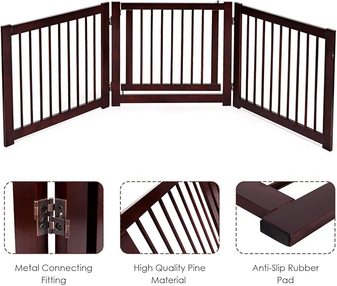 Giantex Freestanding Pet Gate with Door, 24inch 3 Panels Wooden Dog Gate with Walk Through Door, Foldable Pet Safety Puppy Fence Adjustable Pen for House Doorway Stairs