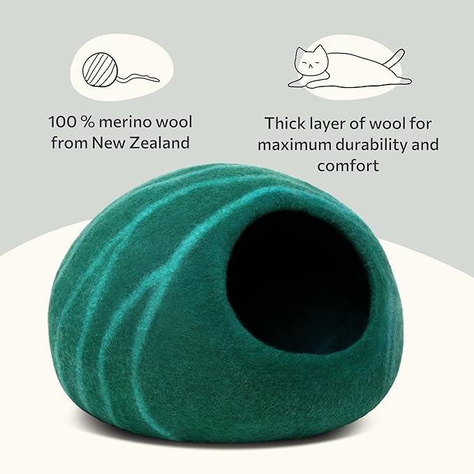 MEOWFIA Cat Cave – Premium Felt Cat Bed for Indoor Cats, Handmade Merino Wool (Emerald, Large)